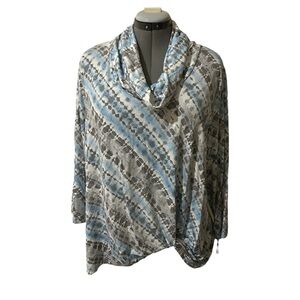 Ruby Rd. Woman Blouse Blue Gray & White Tie in the Front Crawl Neck Size 2X -NWT